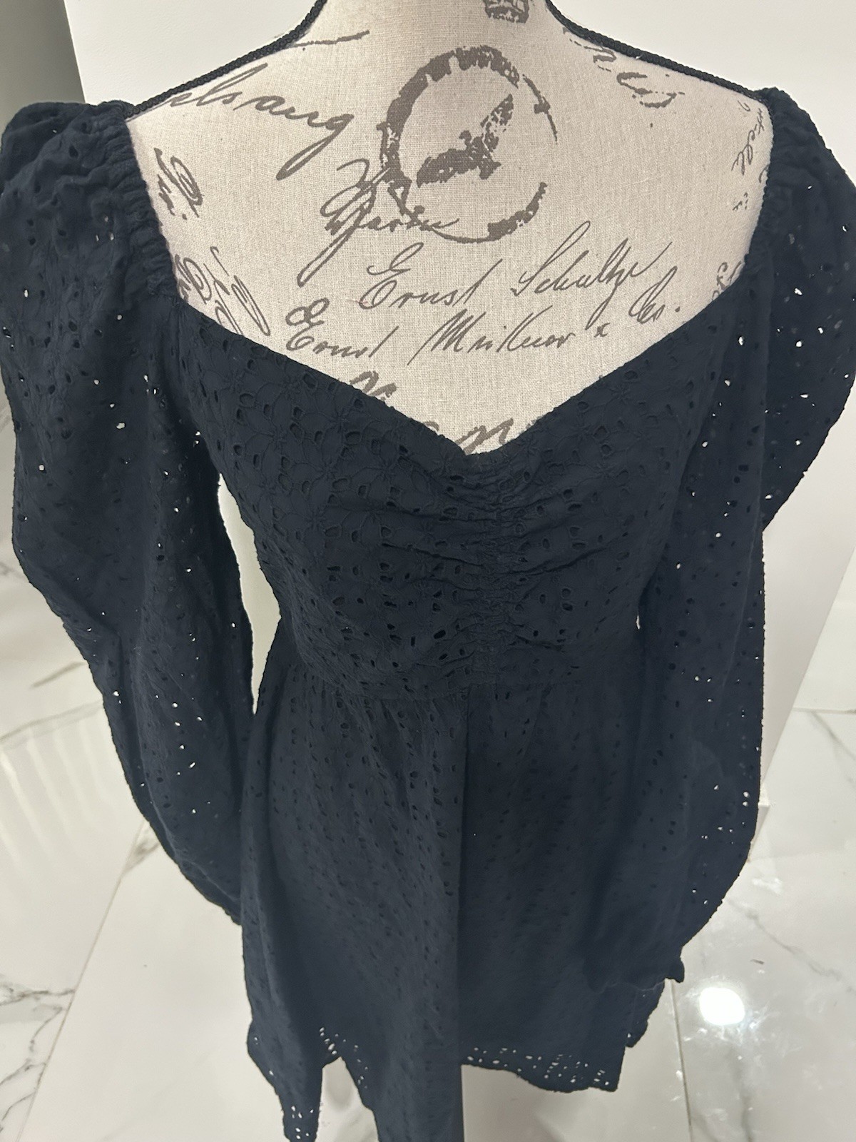 Chelsea28 Black Eyelet Sweetheart Puff Long Sleeve Mini Dress Lined S