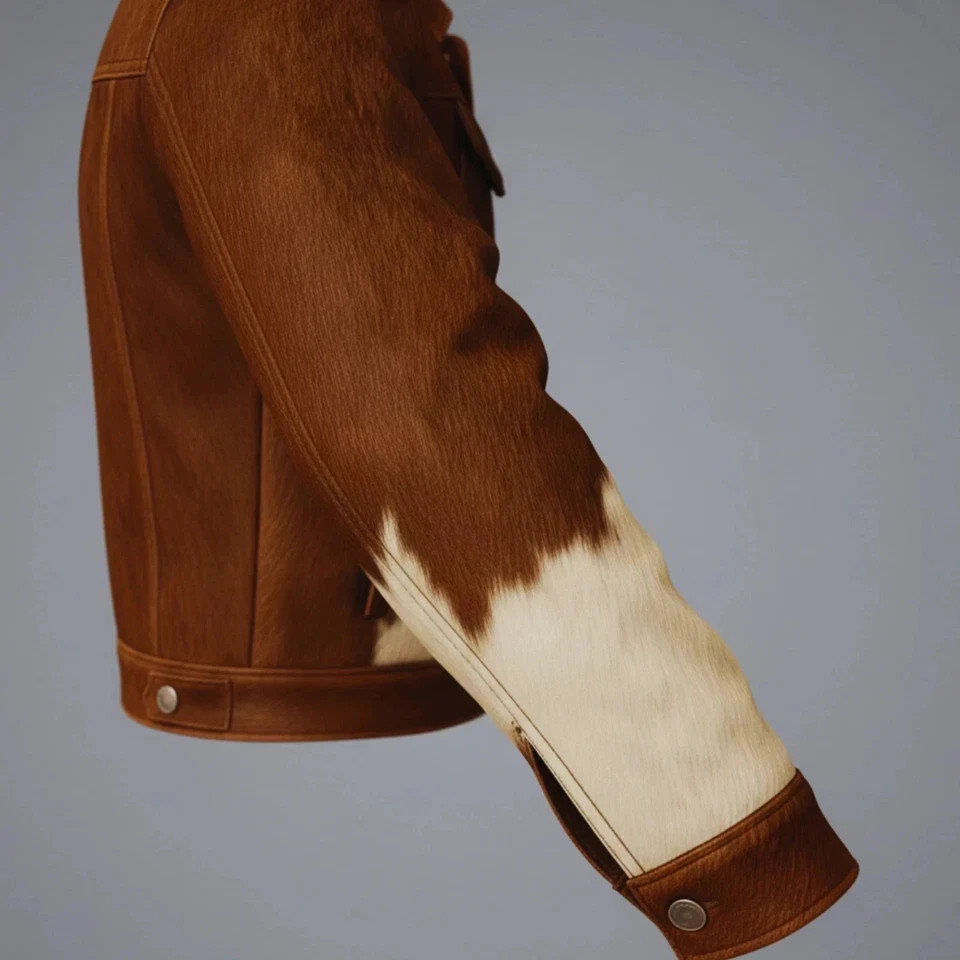 Men’s Cowhide Hair-On Jacket Pure Pony Skin Natural Brown and White Hide Jacket