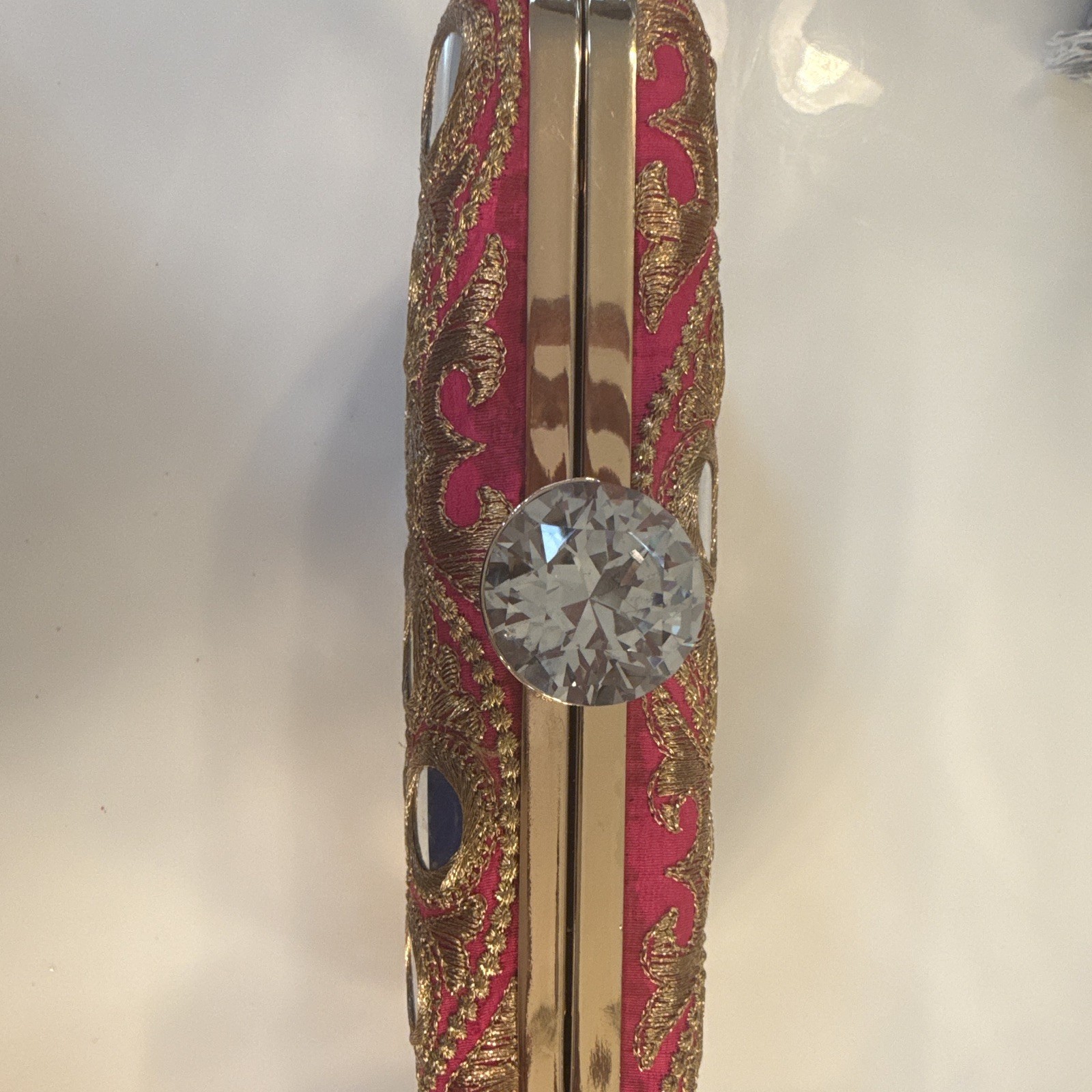 Women’s Pink & Gold Embroidered Mirror Clutch, Gold Chain Strap, Clasp
