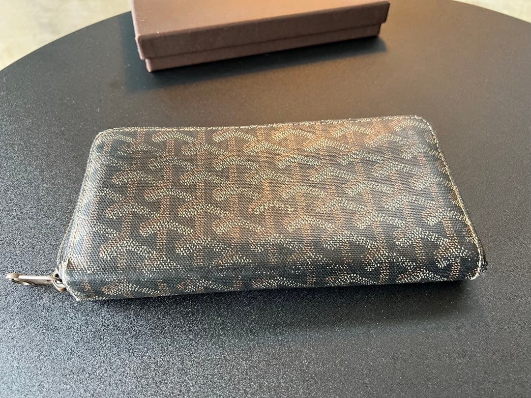 Goyard Matignon GM Zip Wallet Black Cognac Canvas Leather 7.9in x 4.1in w/ Box
