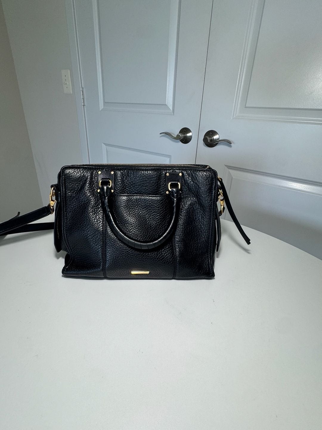 Rebecca Minkoff Black Pebbled Leather Satchel Crossbody Bag Gold Hardware Tassel