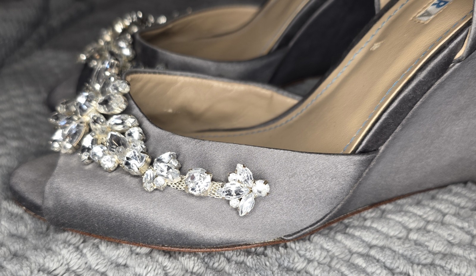 David Tutera Women’s Gray Satin Open Toe Wedge Heels with Rhinestone Accents