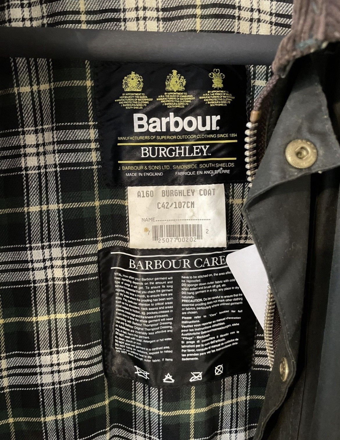 Vintage Barbour A160 Burghley Waxed Coat Made in England