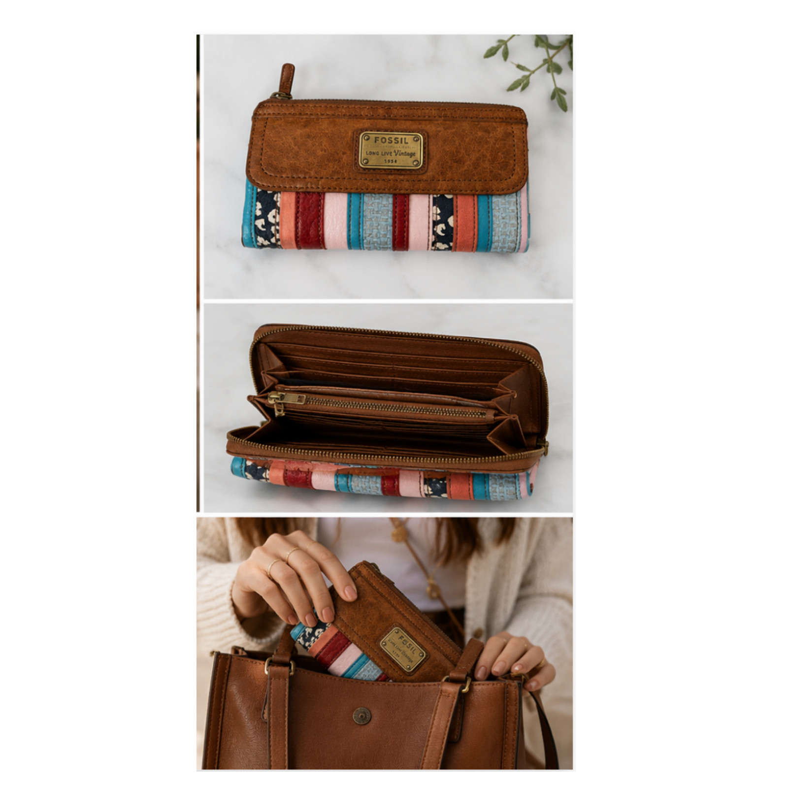 Fossil Emory Patchwork Leather Zip Around Clutch Wallet Long Live Vintage Multi