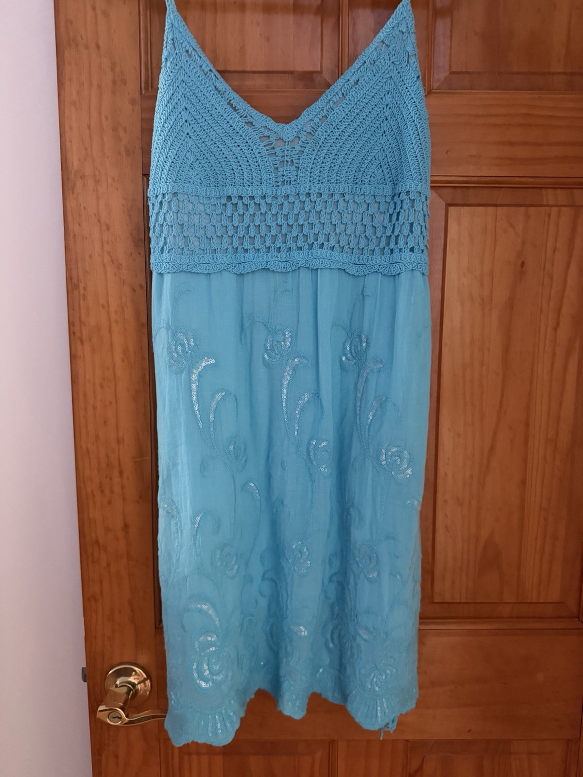 Crochet blue beaded fit and flare summer dress size M/L In great condition