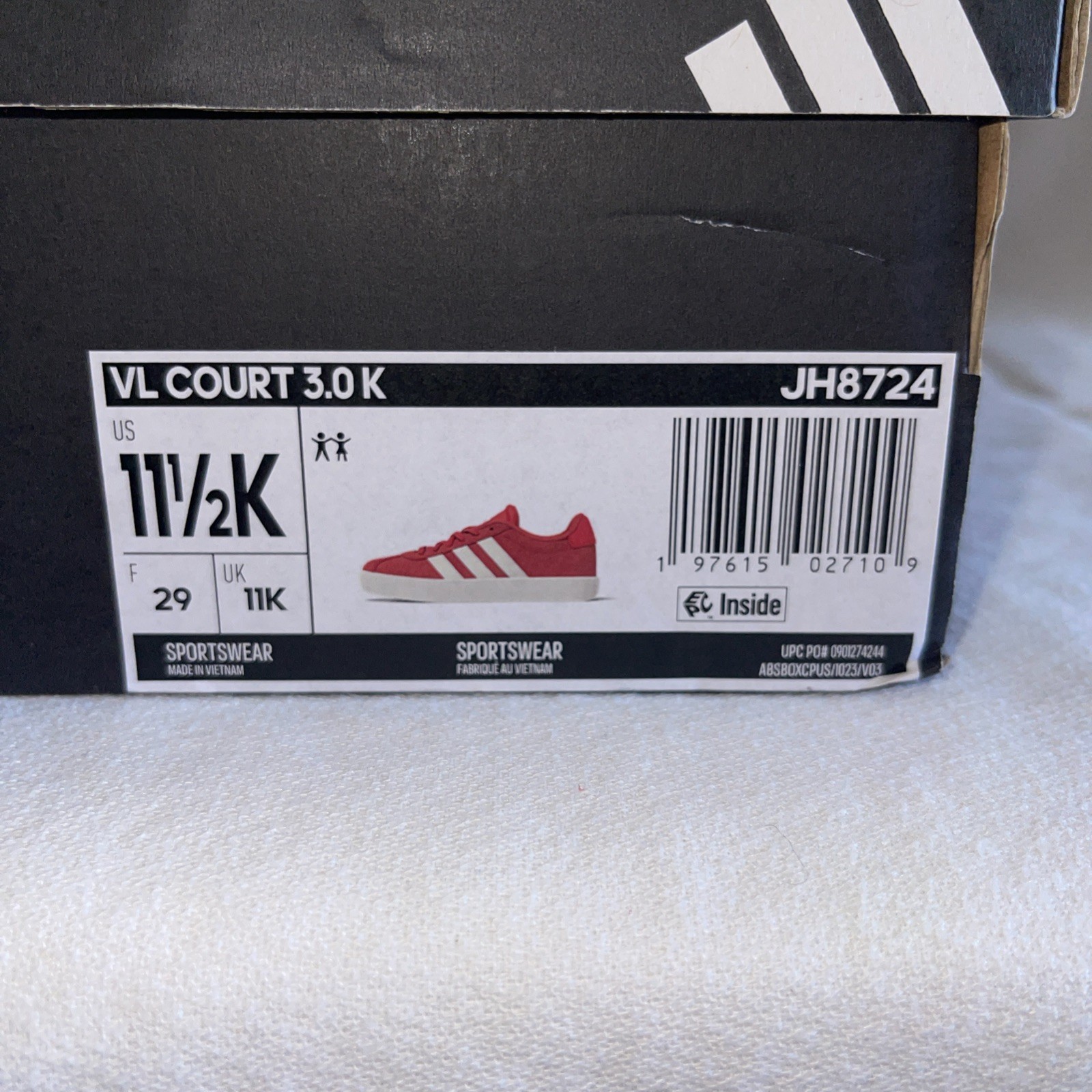 Adidas VL Court 3.0 Kids Shoe JH8724 Size 11.5K Red & White