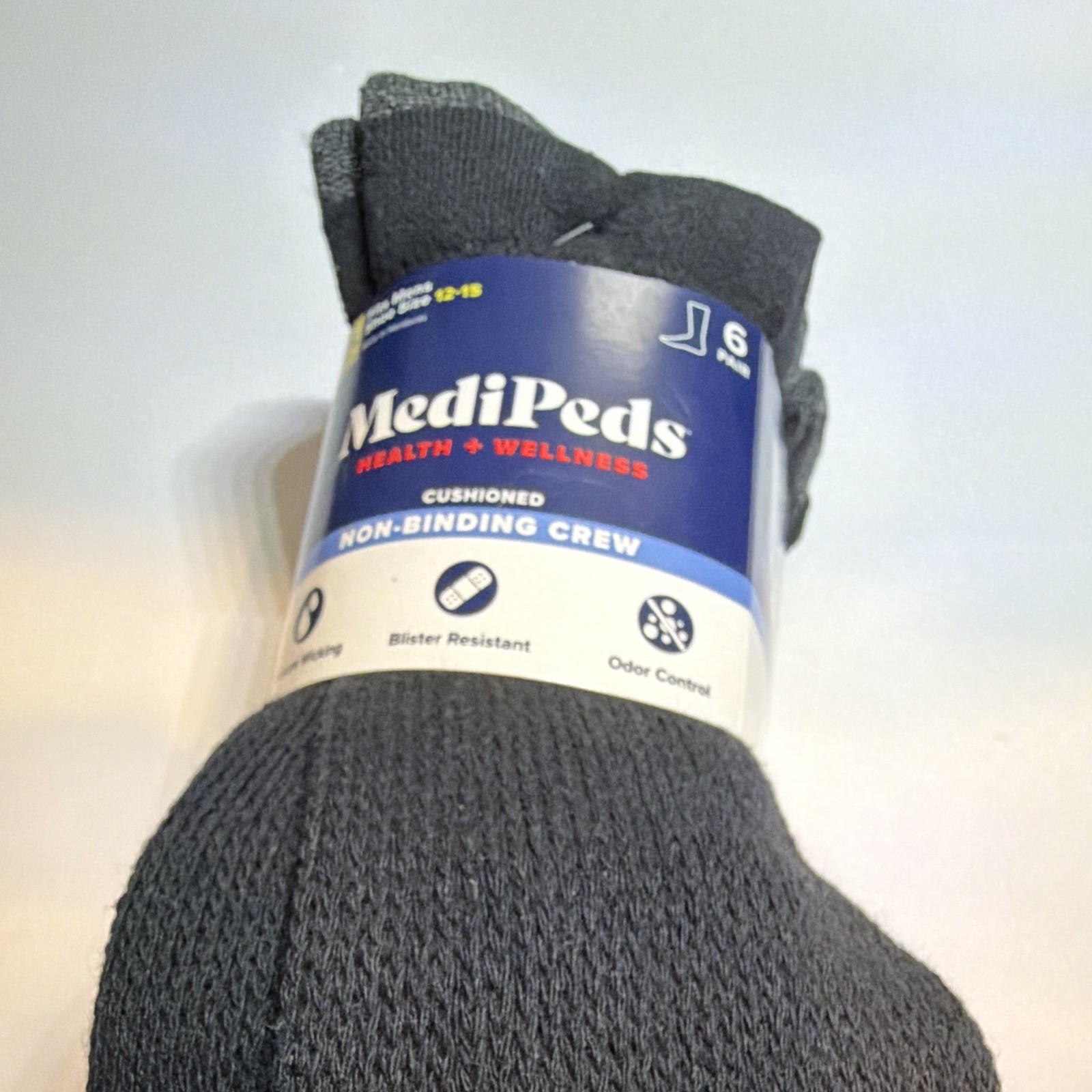 MediPeds Men’s Non-Binding Crew Socks 6 Pairs XL Black Cushioned Moisture W