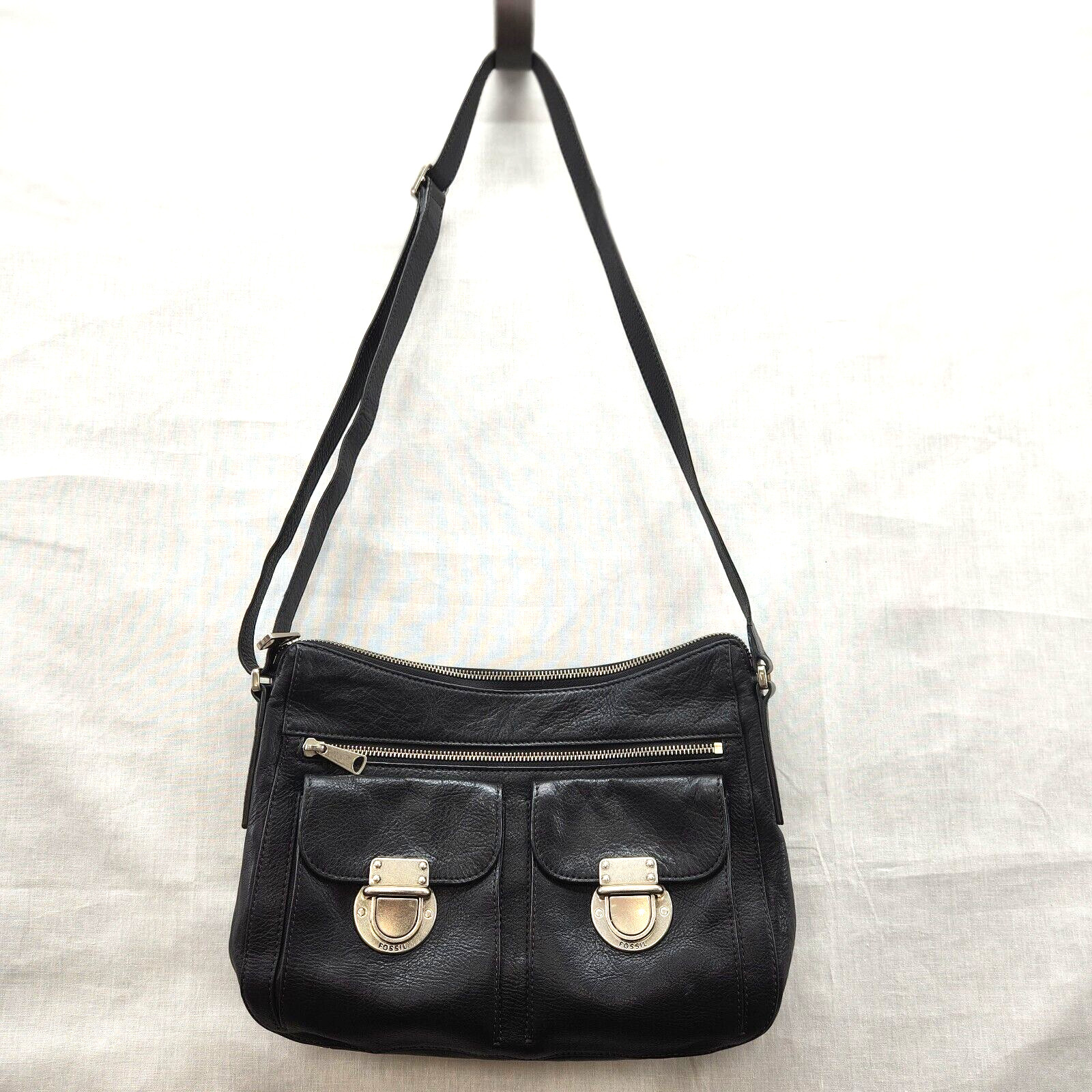 Fossil Purse Riley Genuine Leather Black Push Lock Cross Body Shoulder Bag