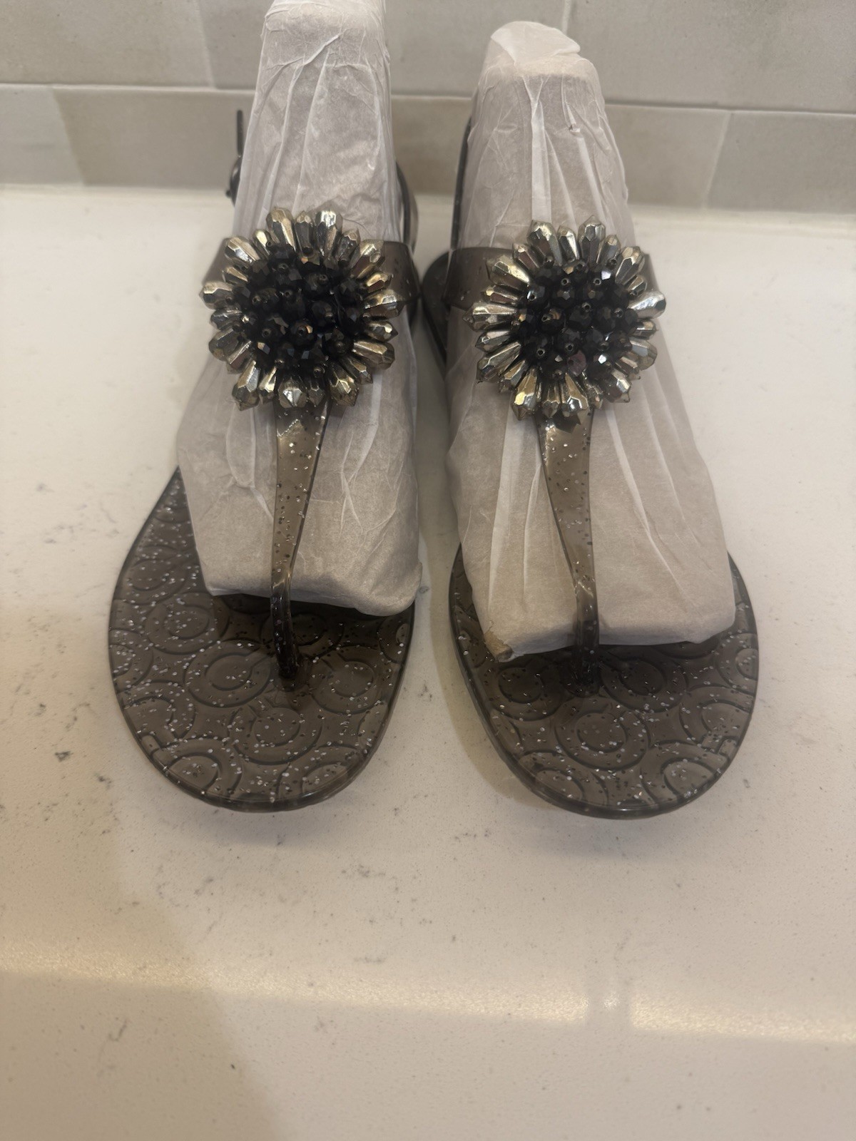 Coach Hilda Jelly Sandals Size 9 Black Embellished Glitter Designer Resortwear