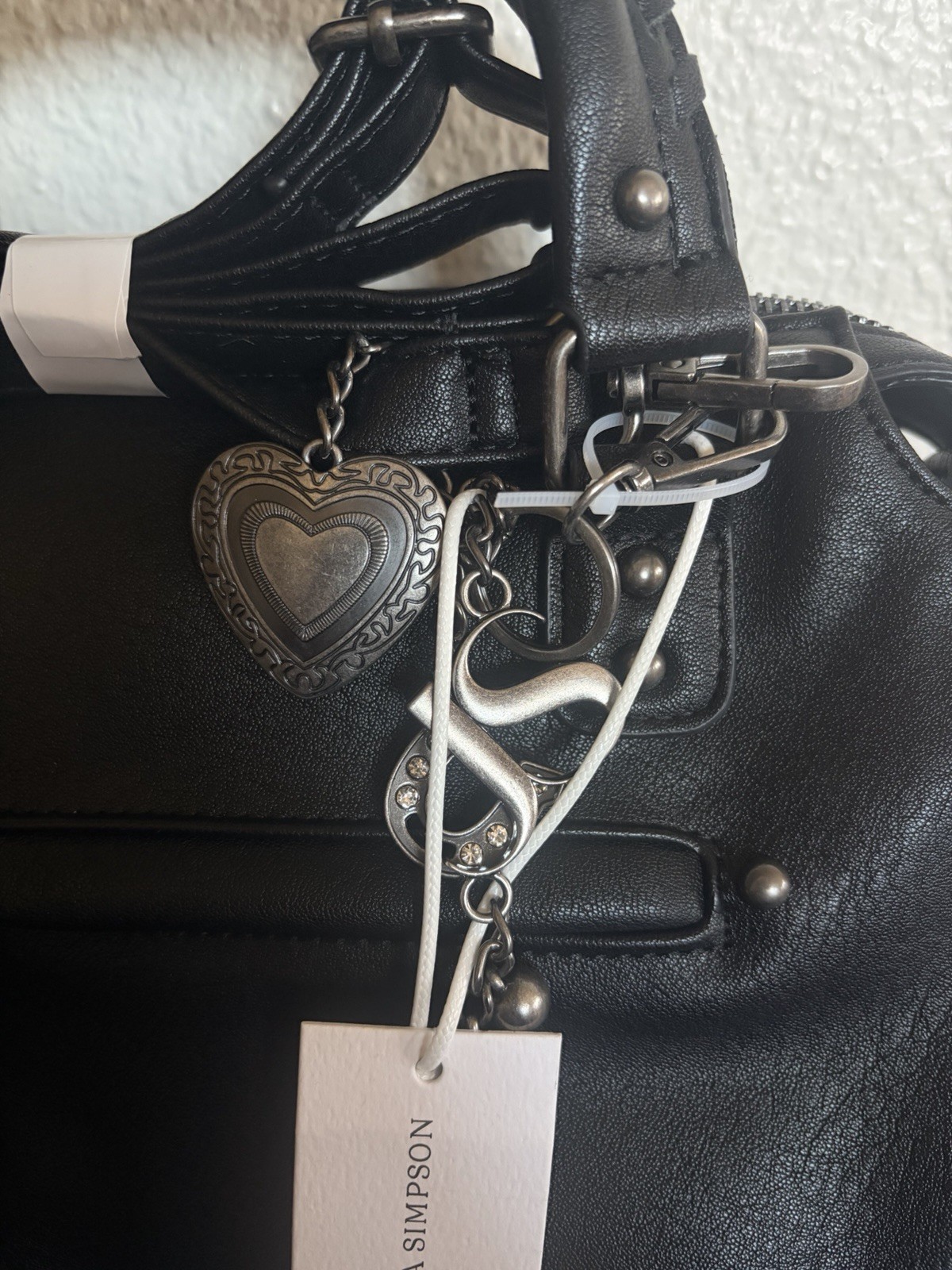 Jessica Simpson Black Satchel Top Handle Zip Heart Charm Bag