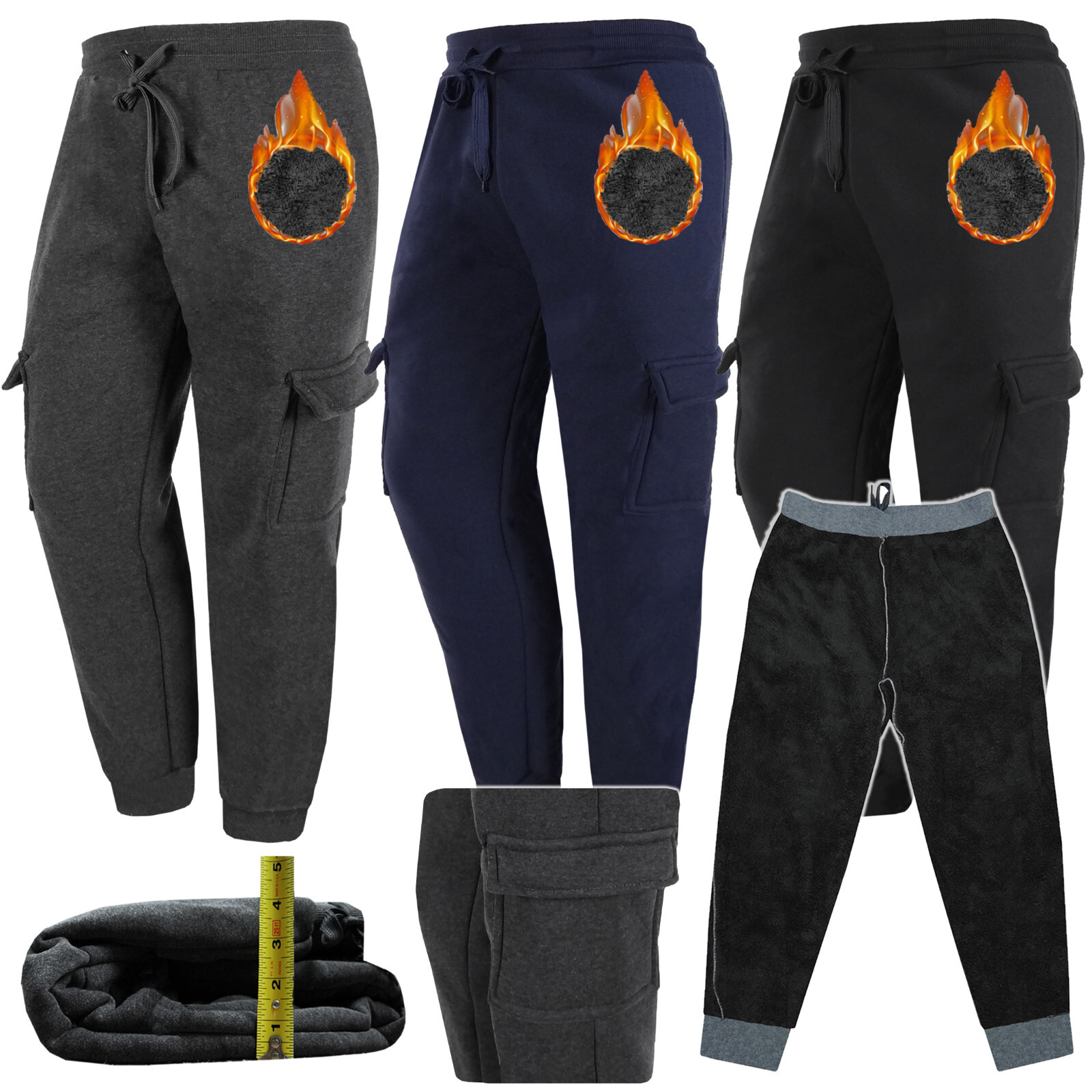 Sherpa Cargo Sweatpants 5 Pocket Thick Warm Padded Mens Jogger Fleece Flannel