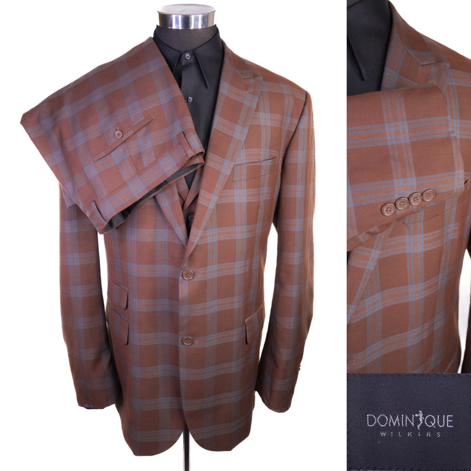 DOMINIQUE WILKINS 3-Pcs Windowpane 2-Button Jacket Blazer Sz 48L Pants 42X34