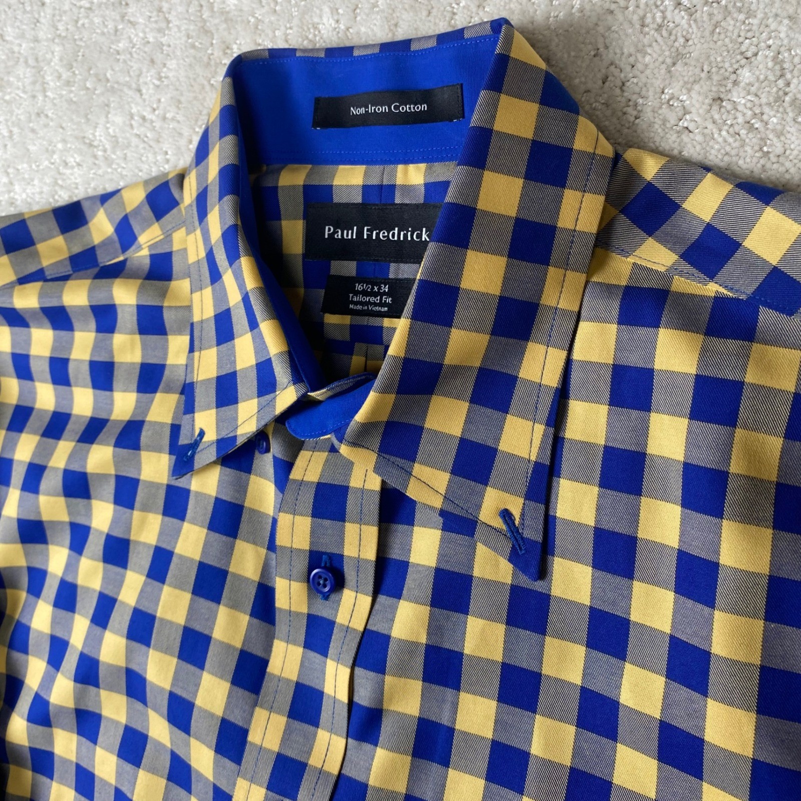 Paul Fredrick Shirt Mens 16.5×34 Blue Yellow Gingham Non Iron Cotton Button Up
