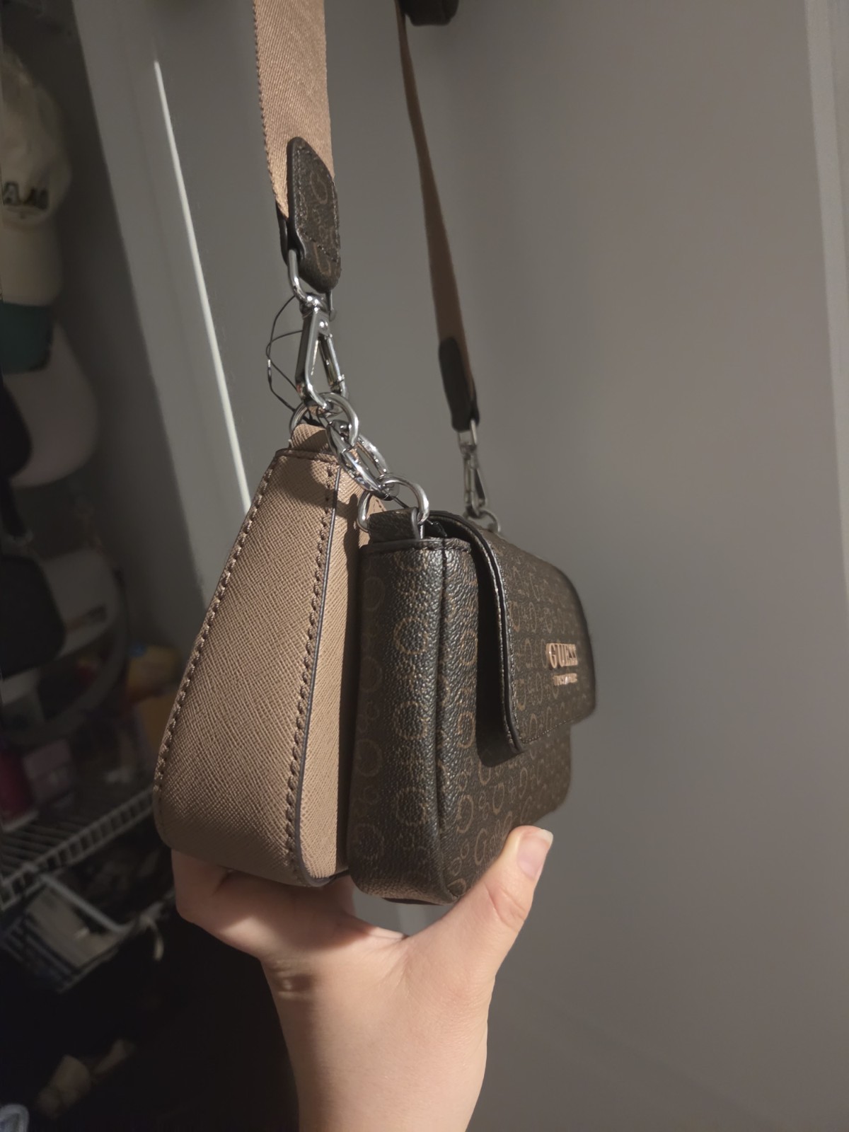 GUESS Brown Logo Monogram Crossbody Bag Beige Strap Pouch Zip/Magnetic