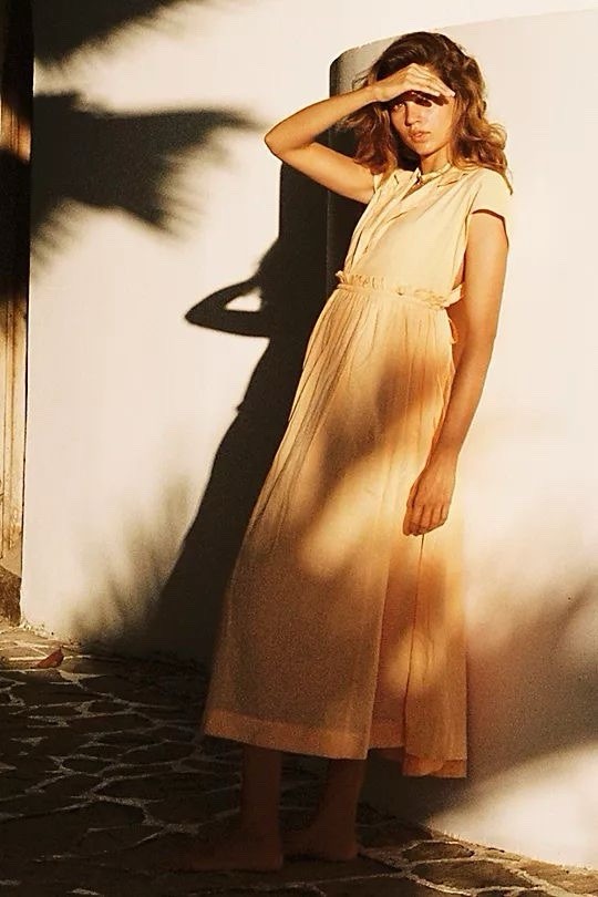 FREE PEOPLE Size Small ALL OCCASIONS SHIRT MIDI DRESS IN PEACH LINEN BLEND