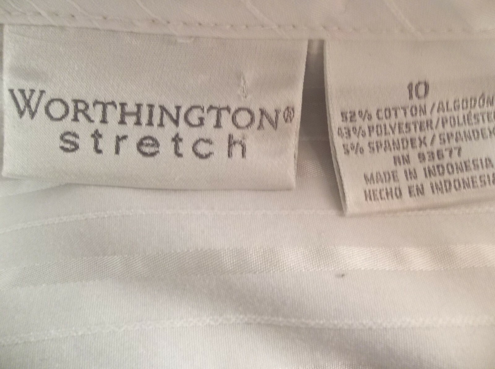 WORTHINGTON White Stripe Career Blouse Size 10, Long Slv Cotton/Poly/Spandex VGC