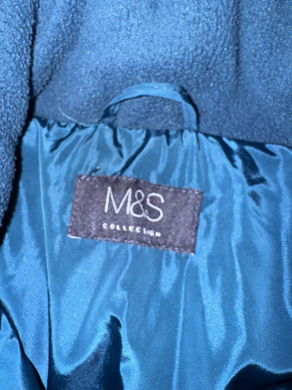M&S DARK MARINE PADDED ZIP FRONT WARM COAT SIZE 14, CONCEALED PACKAWAY HOOD VGC