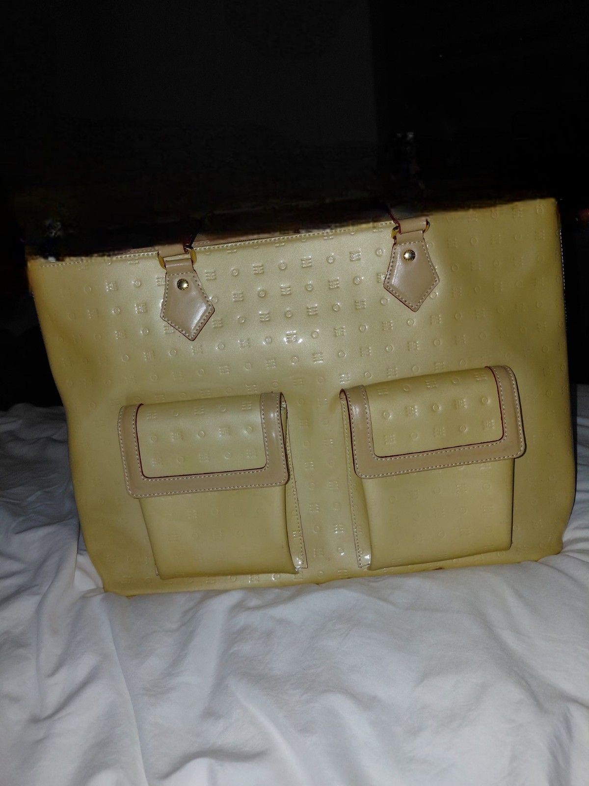 Arcadia Italian Patent Leather Big Shoulder Bag Light Yellow 2 Handles Great Con