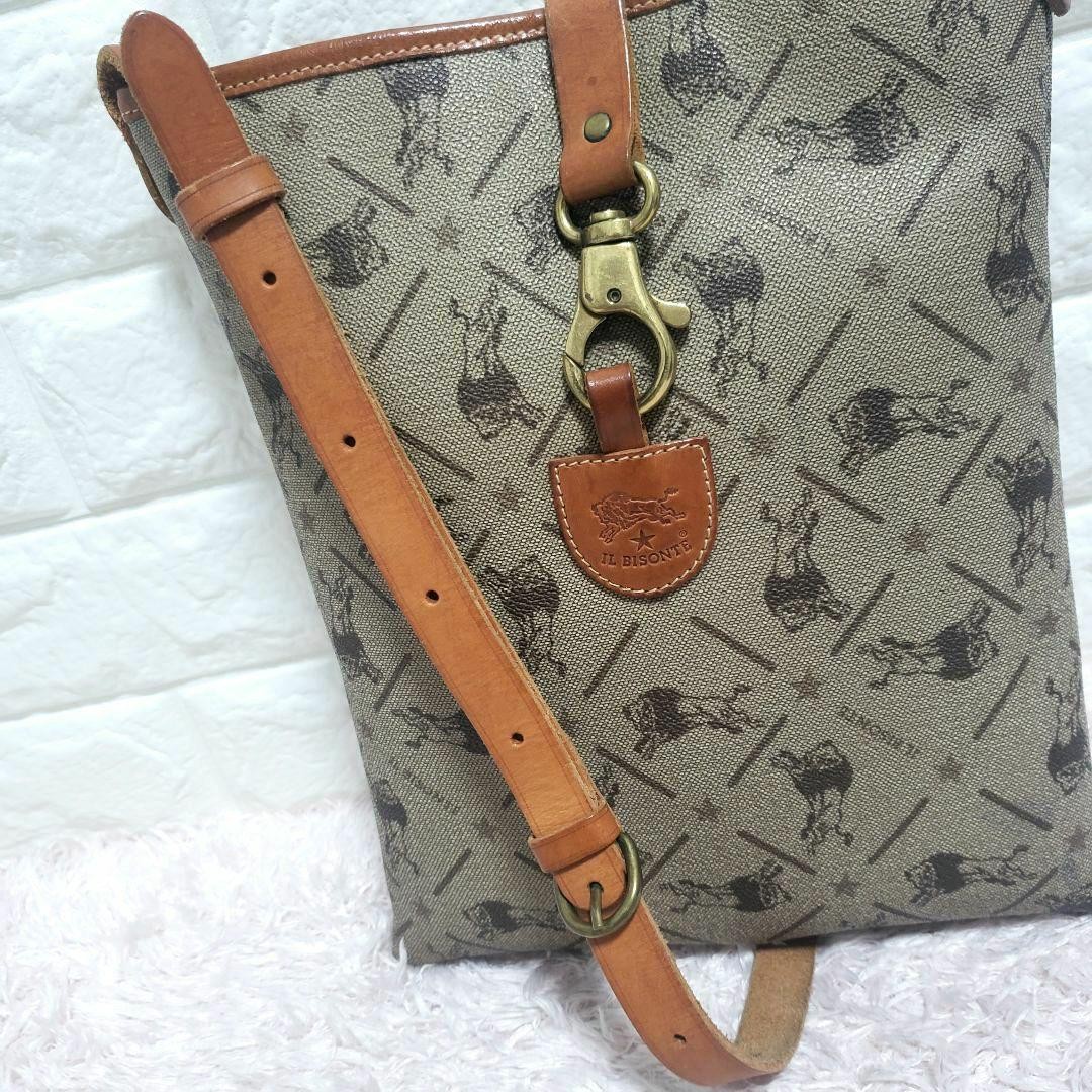 IL BISONTE Monogram Leather Shoulder Bag Beige 11.4×9.4in Adjustable Strap