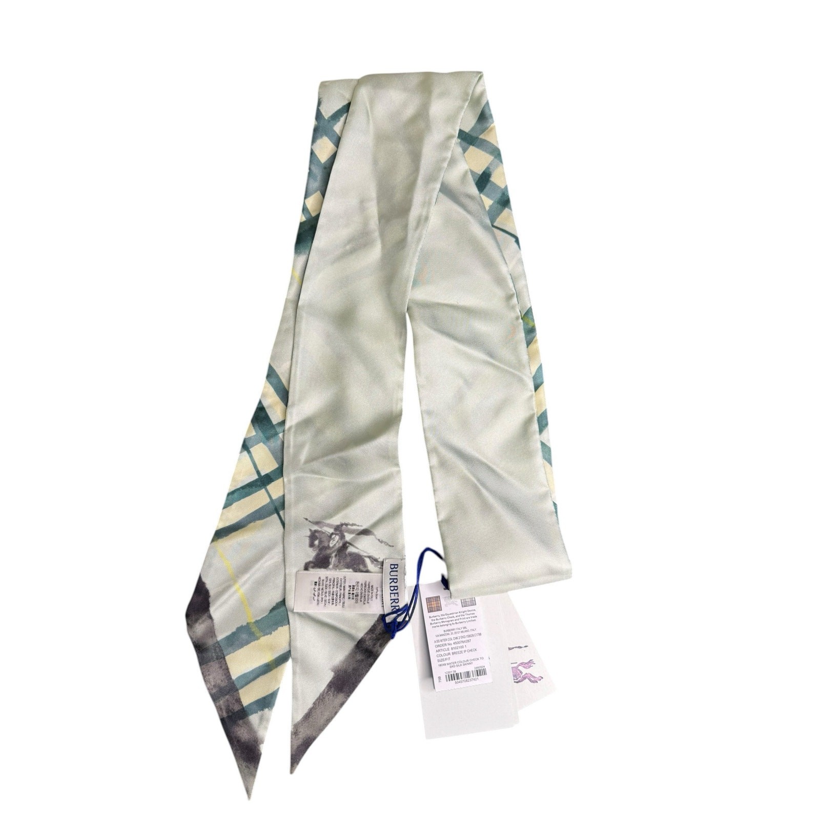 Burberry NWT Skinny Watercolor Check Silk Scarf in Light Green