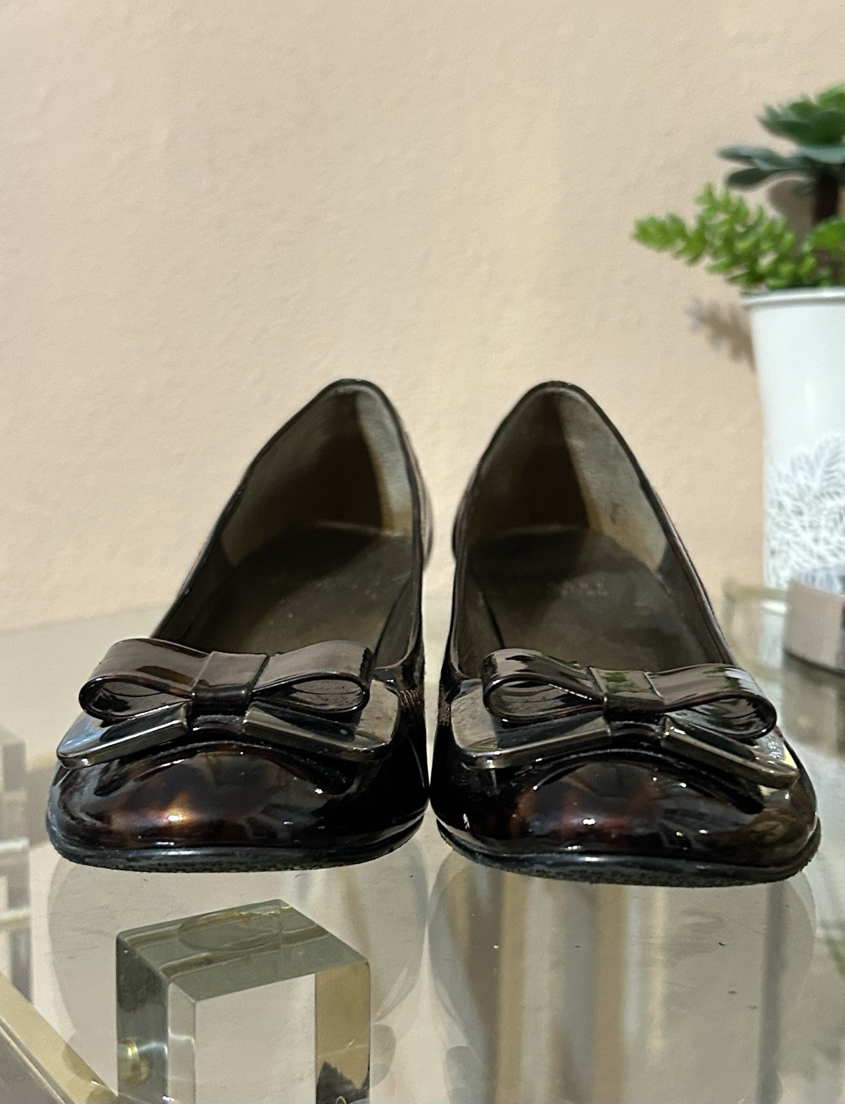 Stuart Weitzman Tortoise Patent Leather Brown Wedge Slip-On Pumps Size 7