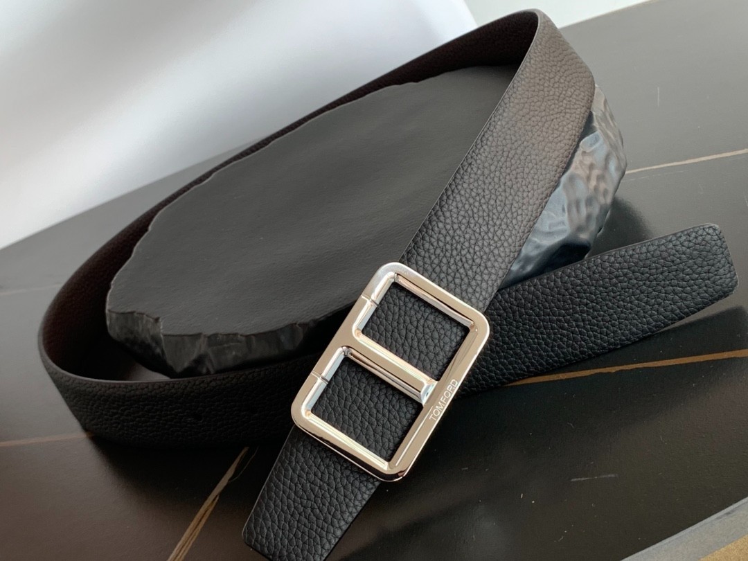 Tom Ford Reversible Pebbled Leather Belt Black Brown Silver Buckle Dress New.