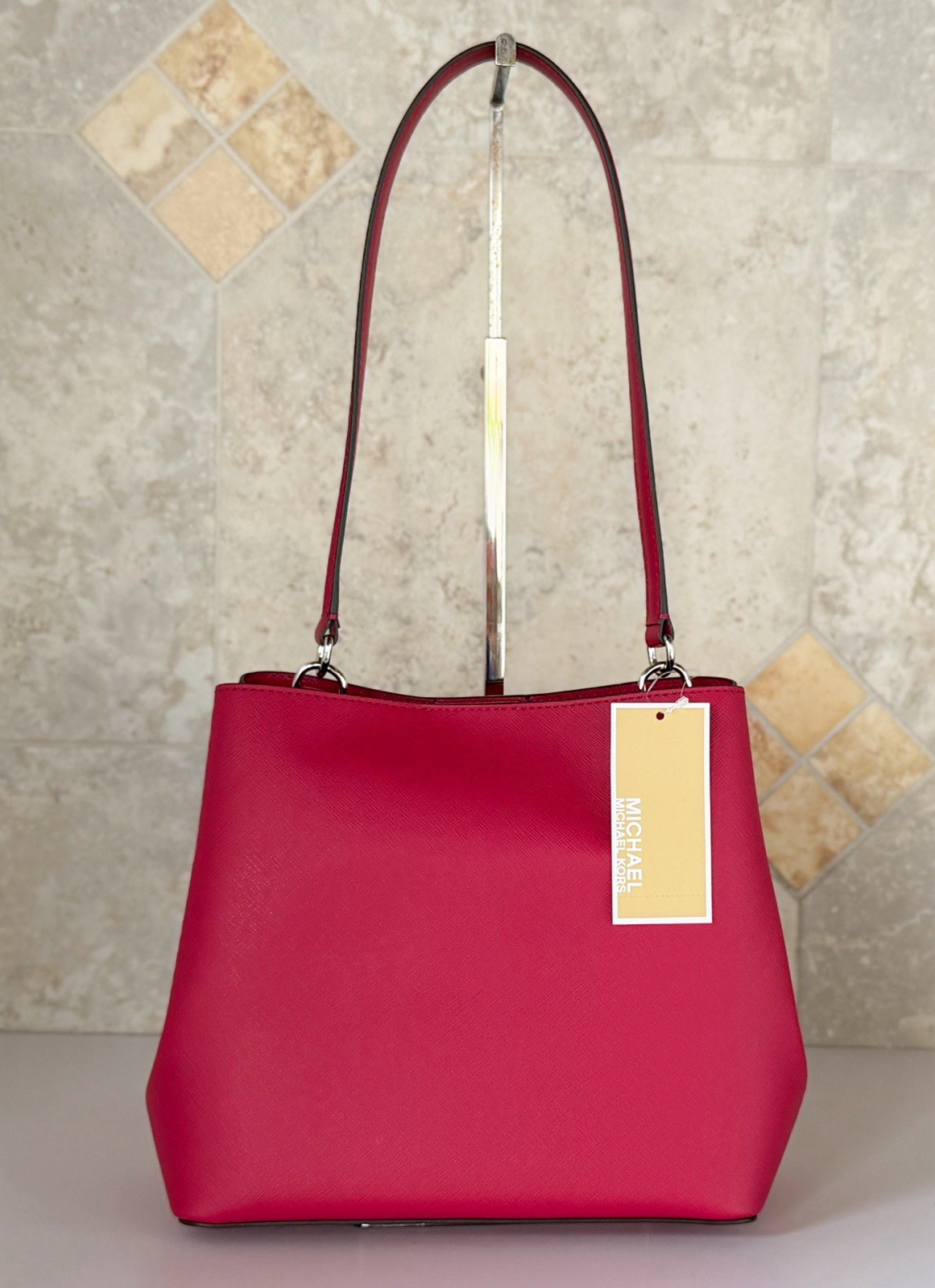 Michael Kors Pratt Medium Bucket Shoulder Tote Bag Dark Raspberry