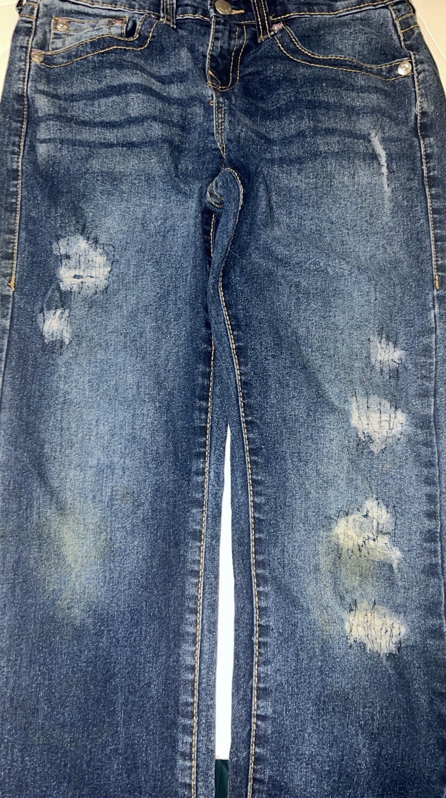 True Religion Girls GENO RELAXED SLIM Dark Blue Distressed Denim Jeans Size 16