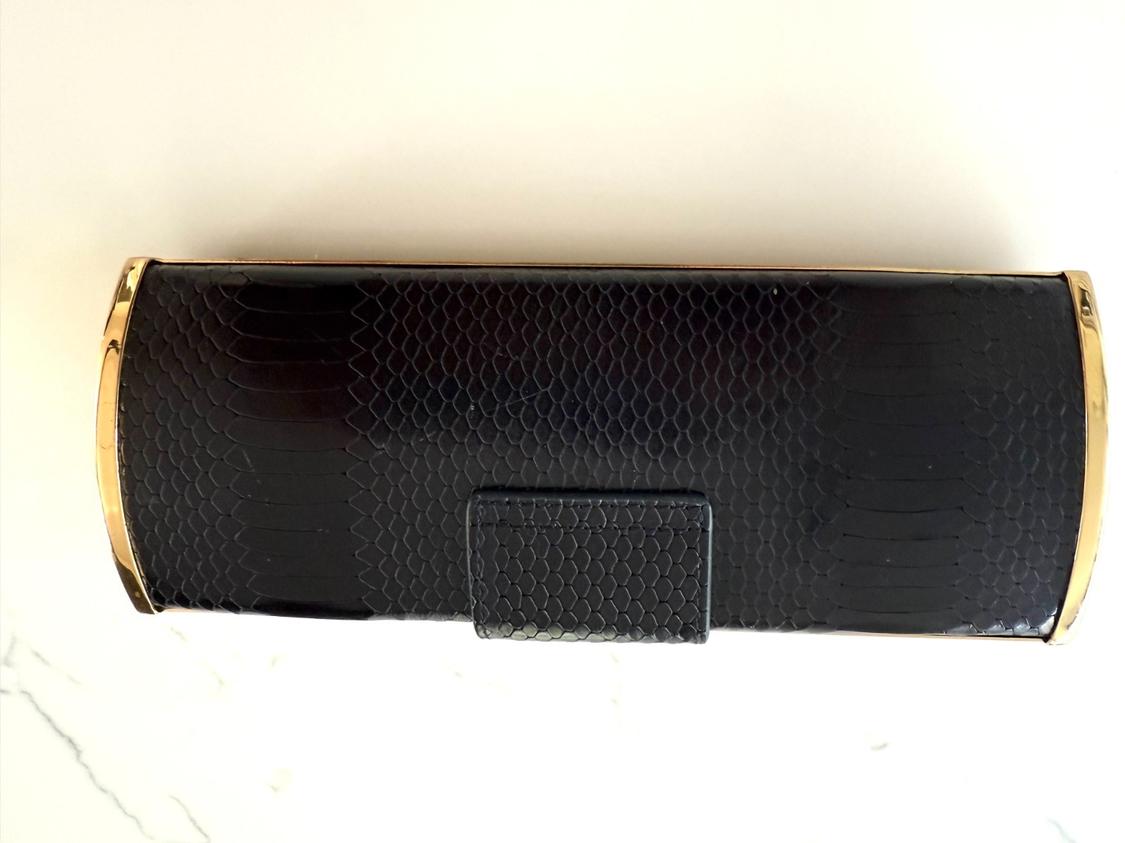Tory Burch Embossed Black Leather Hard Shell Clutch with Gold Trim and Gold Logo
