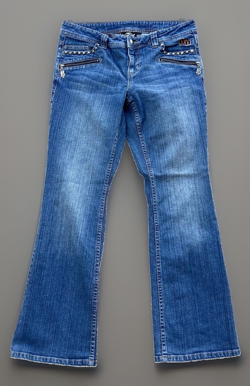 Harley Davidson Jeans Womans 10 Flare Zipper Studded Steampunk Embroidered
