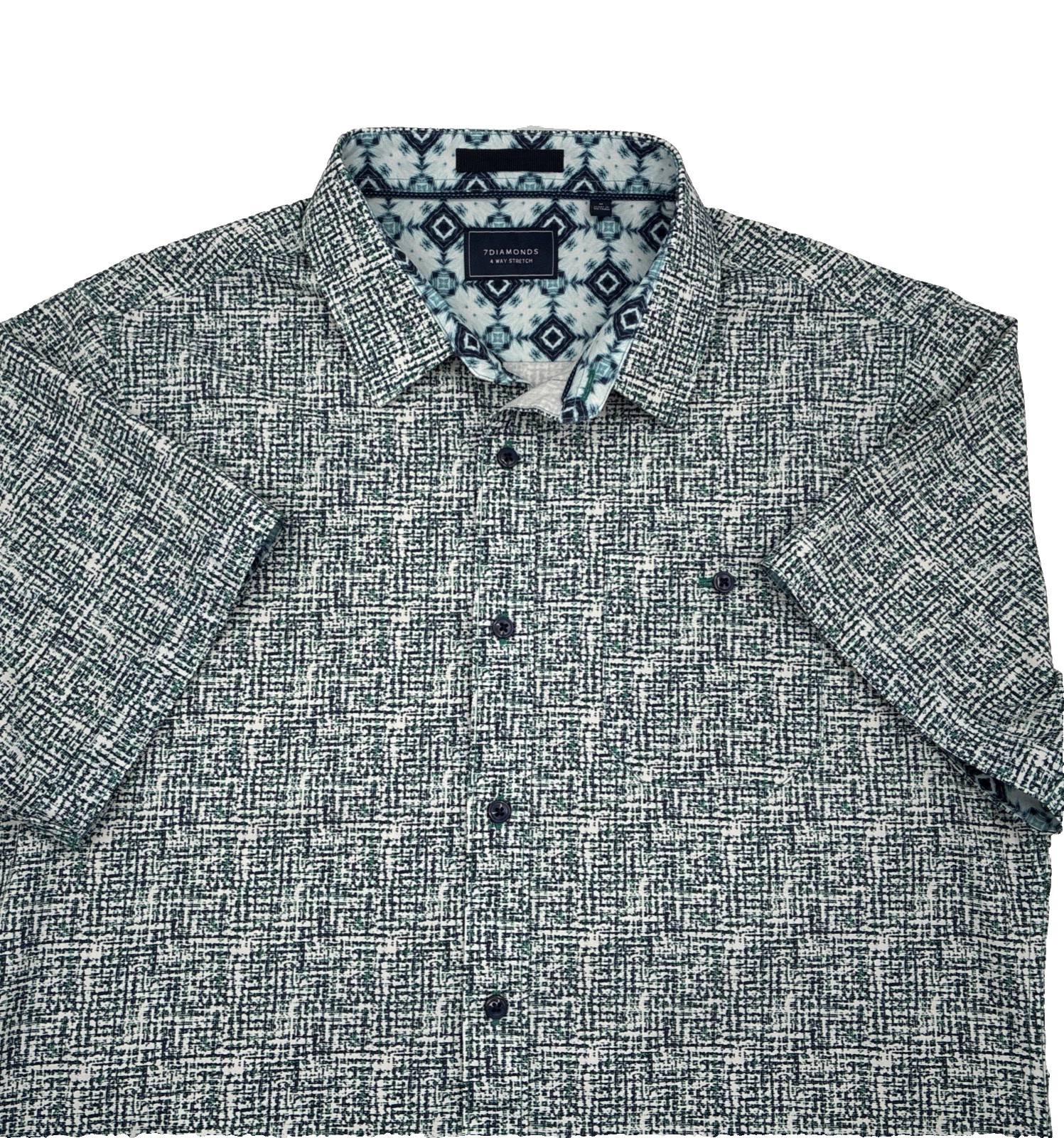 7 Diamonds 4-way Stretch Men’s Navy-Black Green S/S Button Pocket Shirt M
