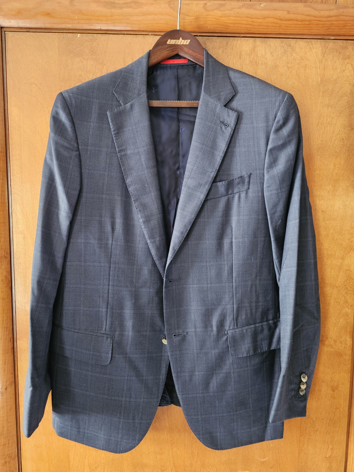 Isaia Napoli Sport Coat 52 EU 42R Navy Check Plaid 100% Wool Blazer