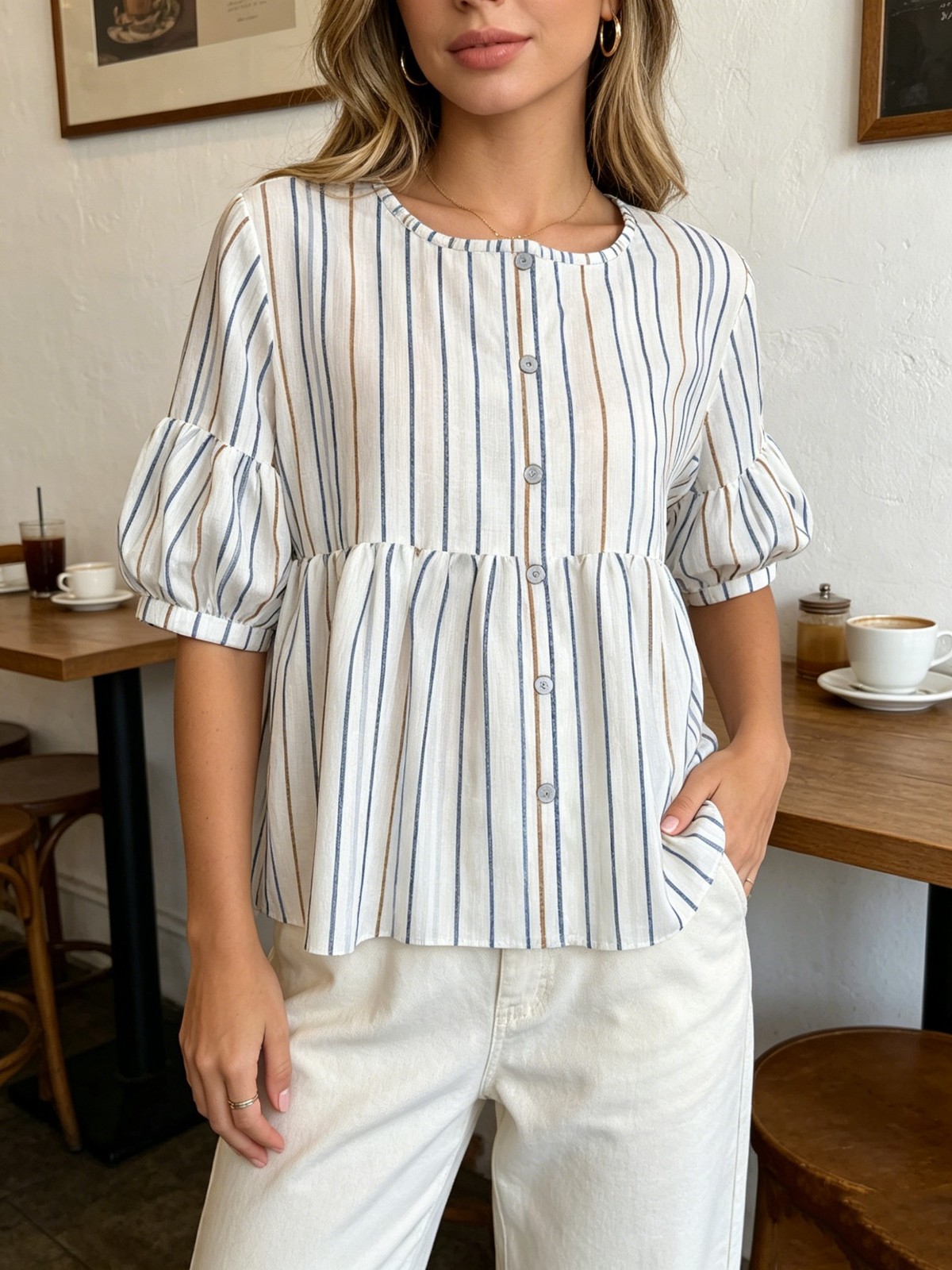 Comfort Fit Ladies Crew Neck Short Puff Sleeve Button Lightweight Casual Top