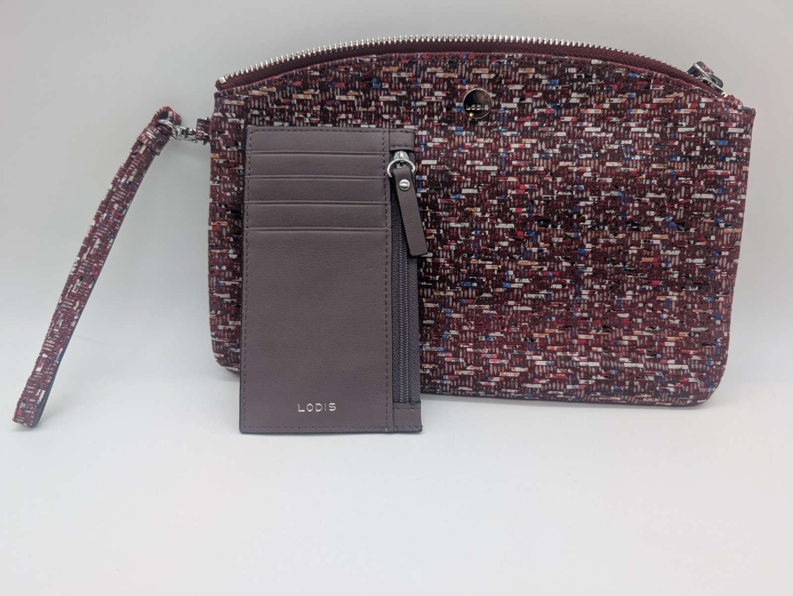 Lodis Red Shreds Wristlet Makeup Bag 10″X7″ And Wallet 5″X3″ Excellent Condition
