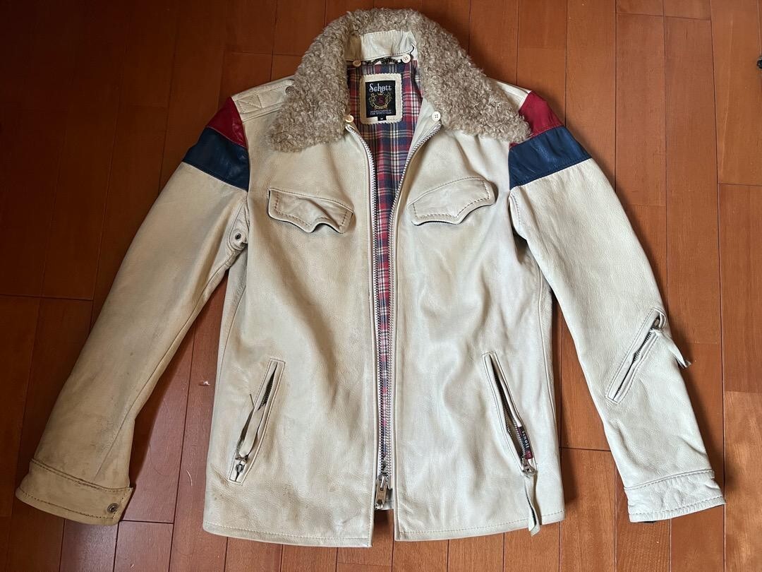 Schott Leather Boa Fur Collar Riders Jacket Blouson Men Size M Plaid