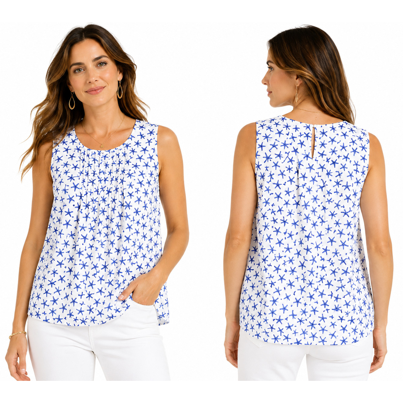 Kate Spade Broome St Starfish Sleeveless Blouse White Blue Coastal Top Large