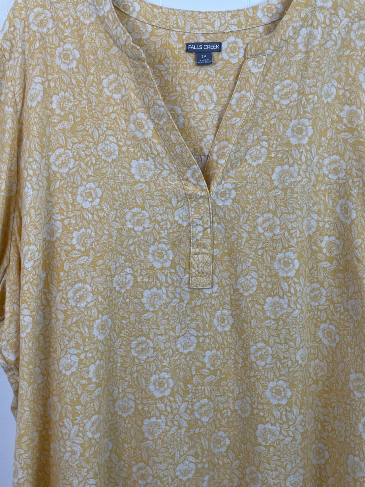 Falls Creek Womens Size 2X Yellow & White Floral Print Linen Blend Shirt