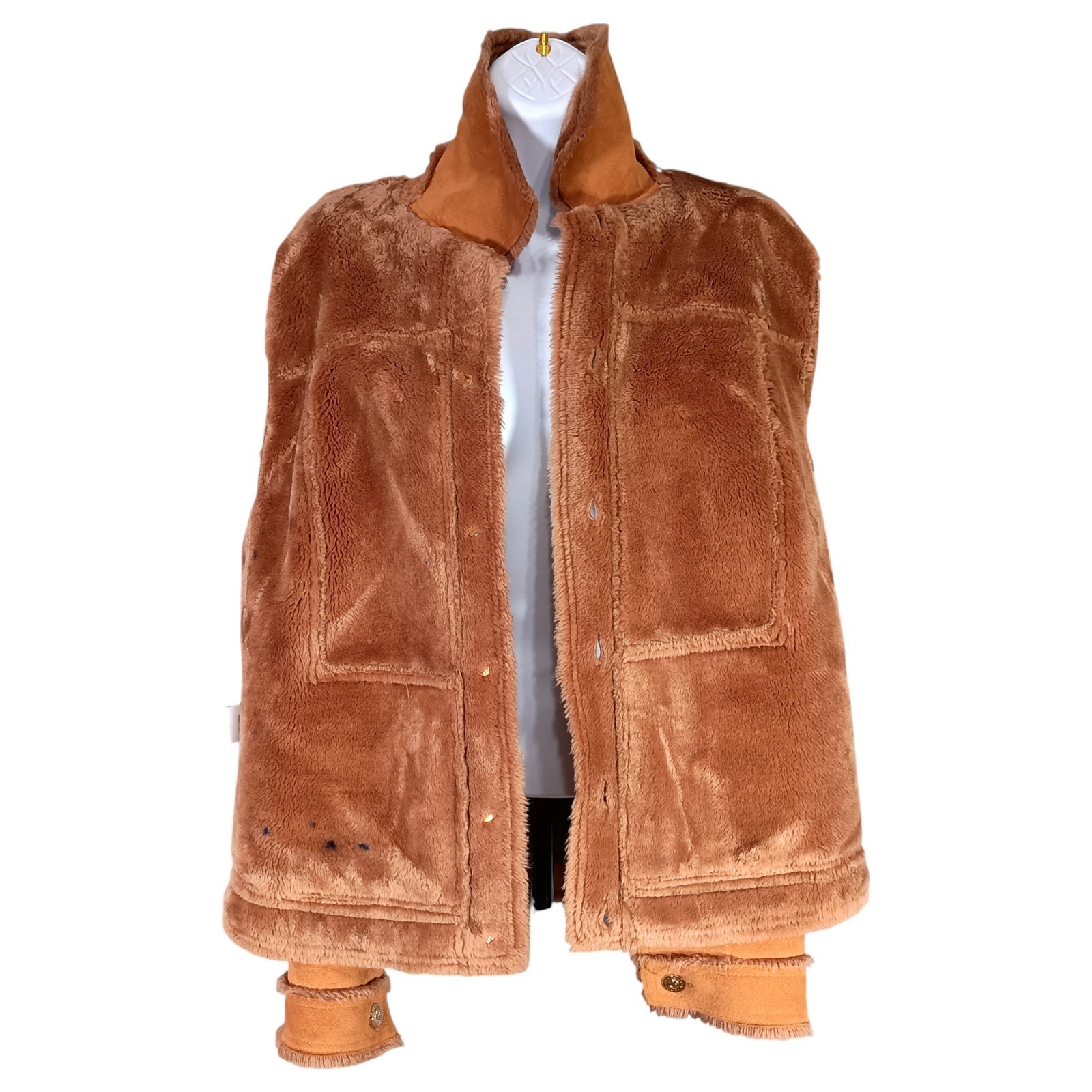 St. John Marie Gray Coat S Womens Brown Overcoat Faux Suede Pockets Shearling