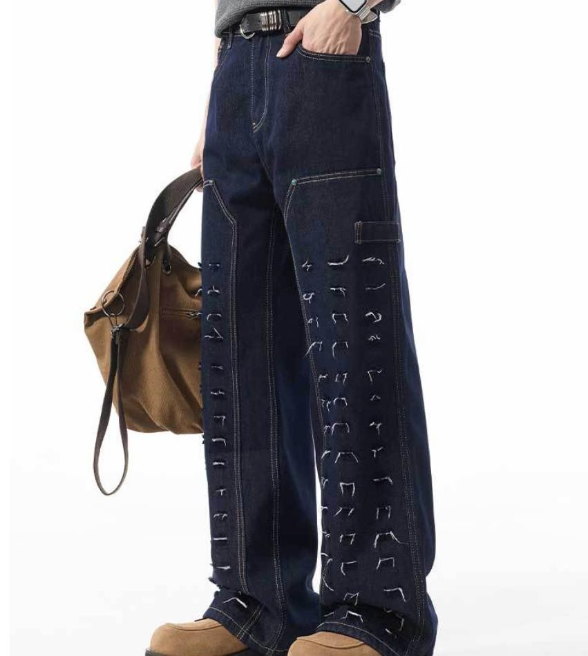 Men’s Dark Blue Denim Jeans Straight Leg Ripped Casual Punk Hip Hop Trousers New
