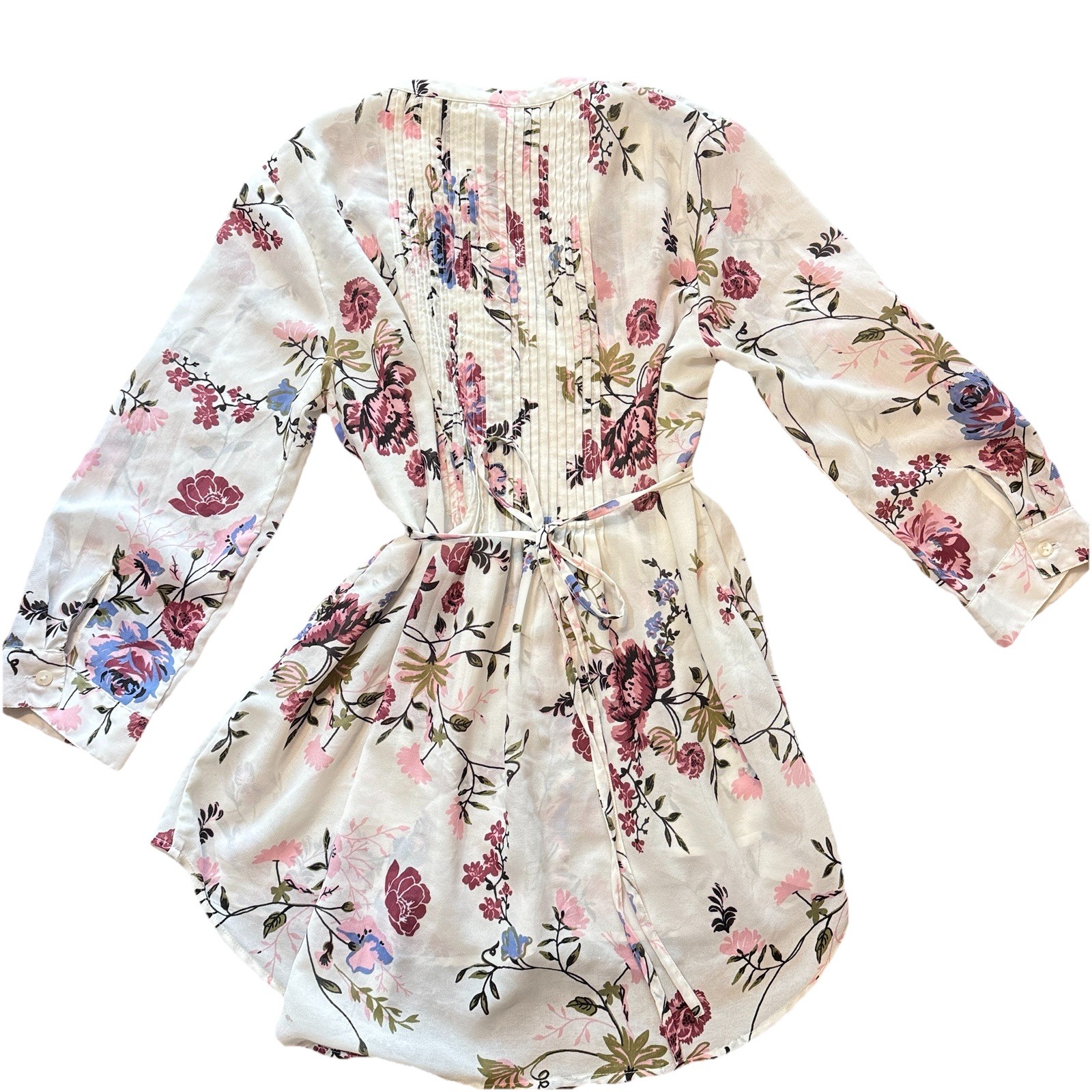 American Rag White/Burgundy/Pink Floral Tuxedo Front Tie Back Blouse Sz Small