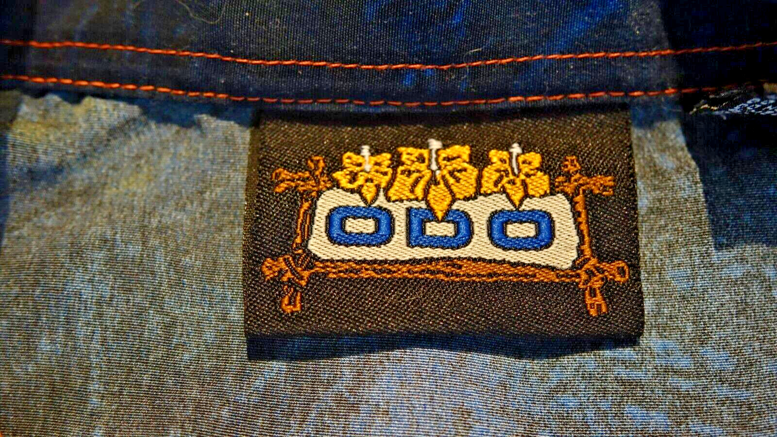 ODO Hawaiian Shirt Men’s Size L Large Loud Blue Orange Ocean Sunset Palm Trees