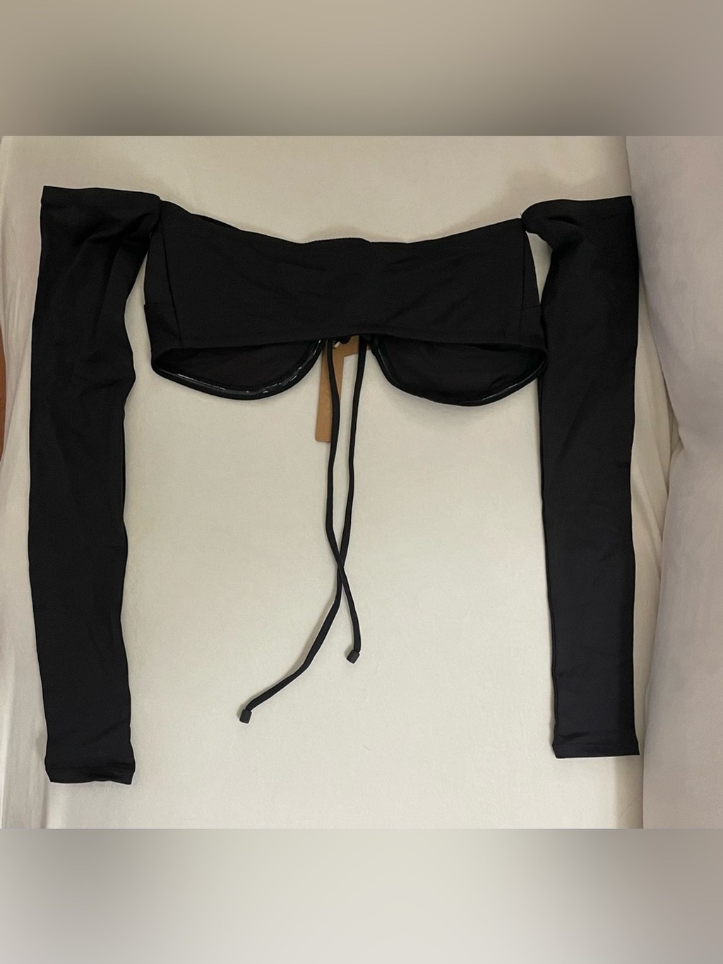 Skims NWT Swim Long Sleeve Bikini Top Only Black Onyx Strapless Tie-Front Size S