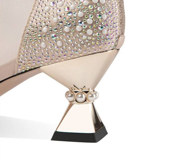 Pearls Women’s Poined Toe Mesh Rhinestone Real Leather Sandals Kitten Heels Sexy