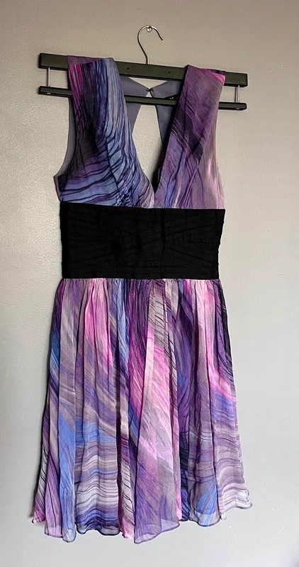 Elizabeth and James Purple/Pink/Black/Blue Abstract V-Neck Fit & Flare Dress 2