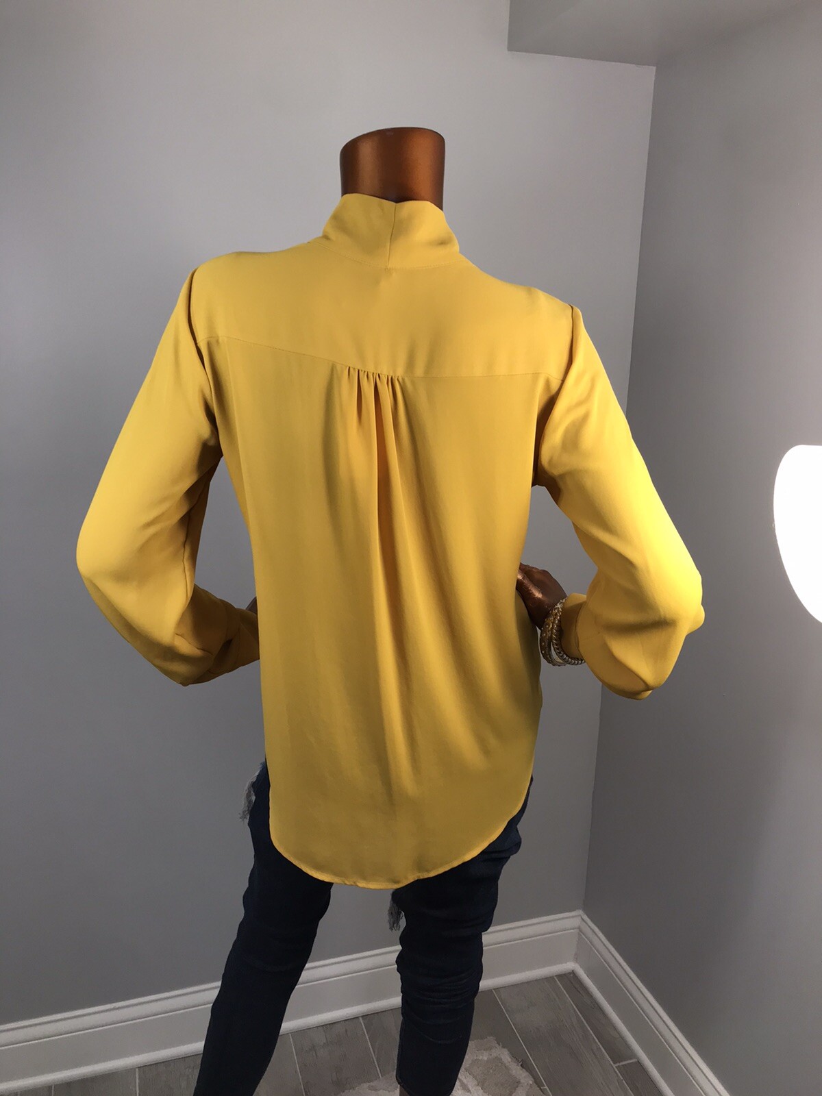Pleione S Top Mustard Long Slvs Low V Cut Crossbody Blouse NWT High Low