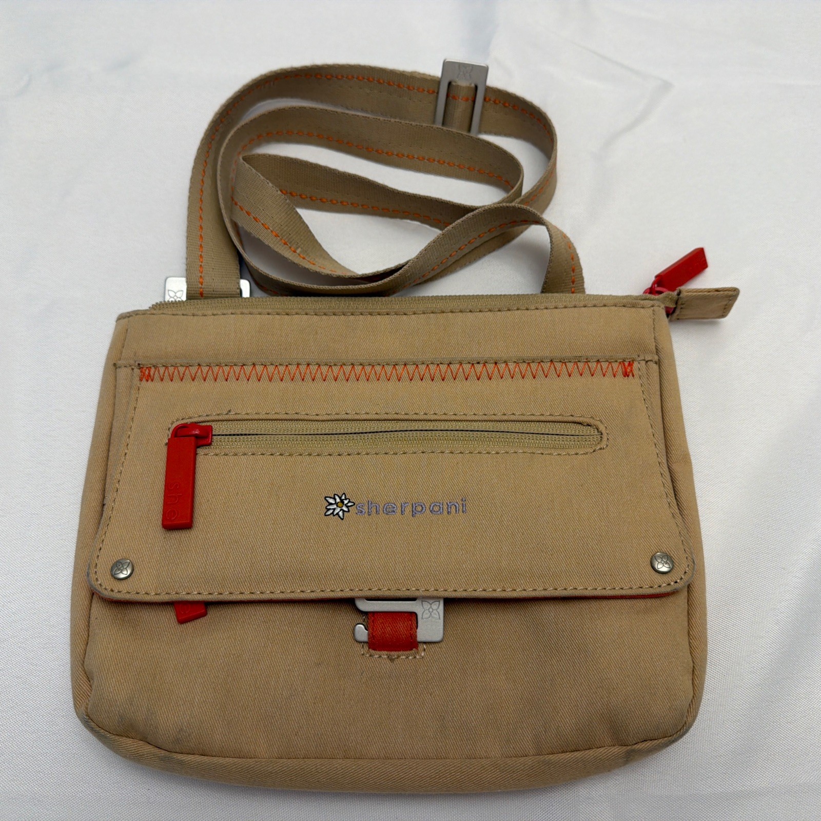 Sherpani Purse Tan & Orange canvas Crossbody with Flower Details