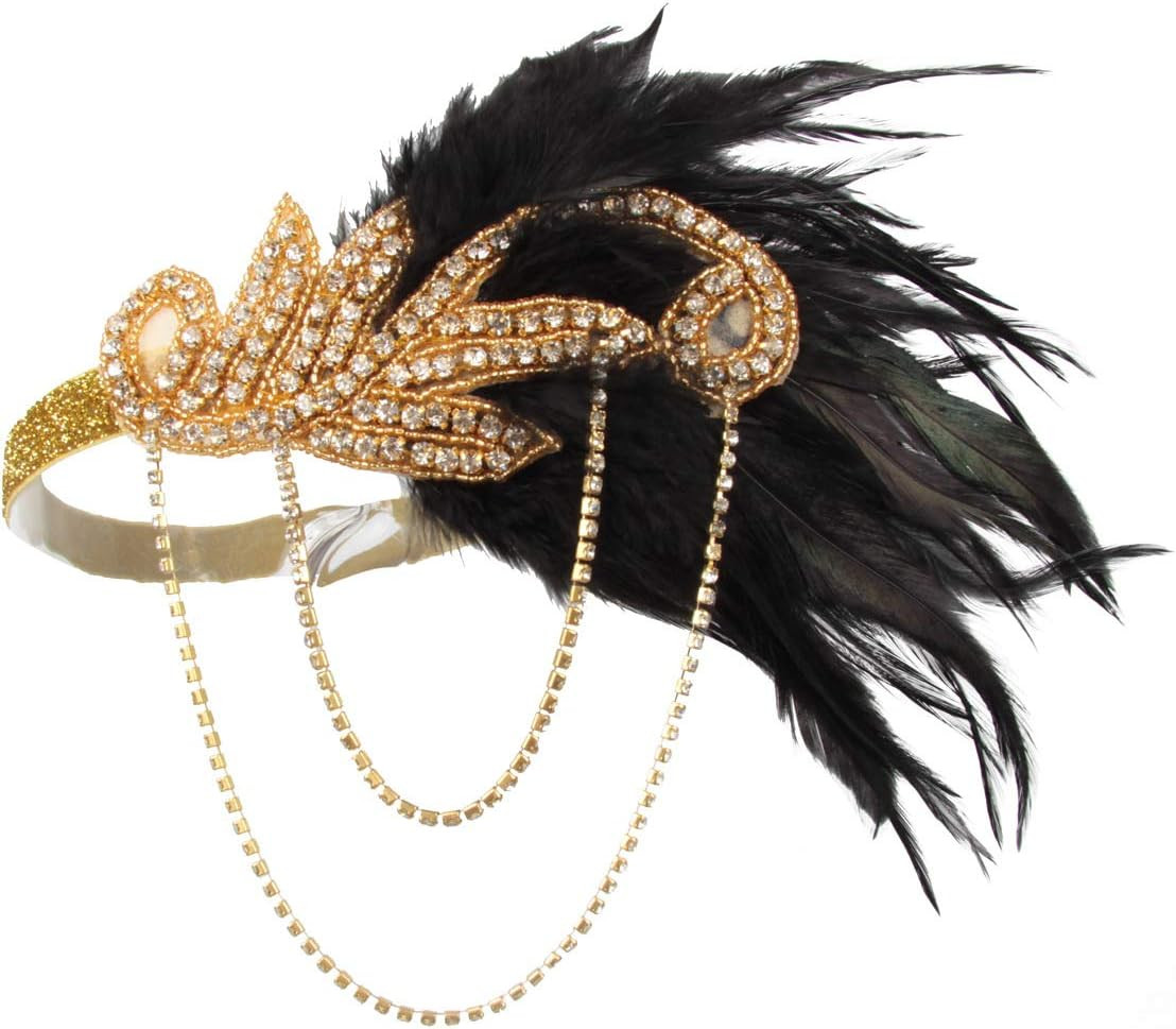 1920S Flapper Headband Roaring Vintage Feather Headpiece Gold Bling Rhinestone 2