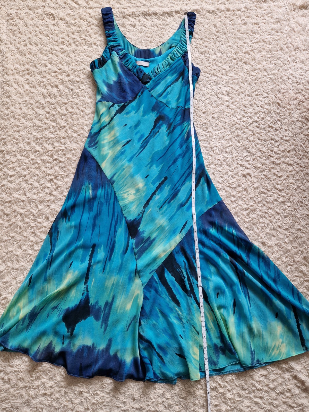 Per Una Blue Aqua Watercolour Midi Dress UK 12 Floaty Fit & Flare Occasion