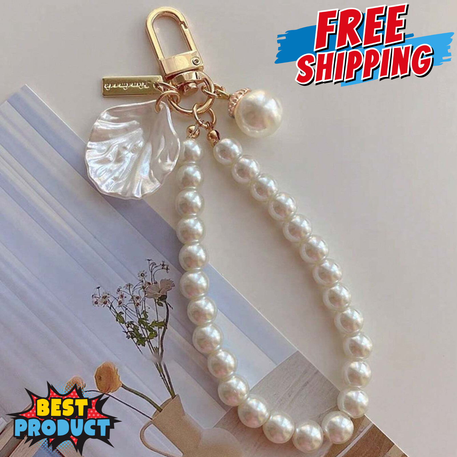1pc Women Keychain Faux Pearl Beaded Elegant Keychain Flower Patterned Bag Charm