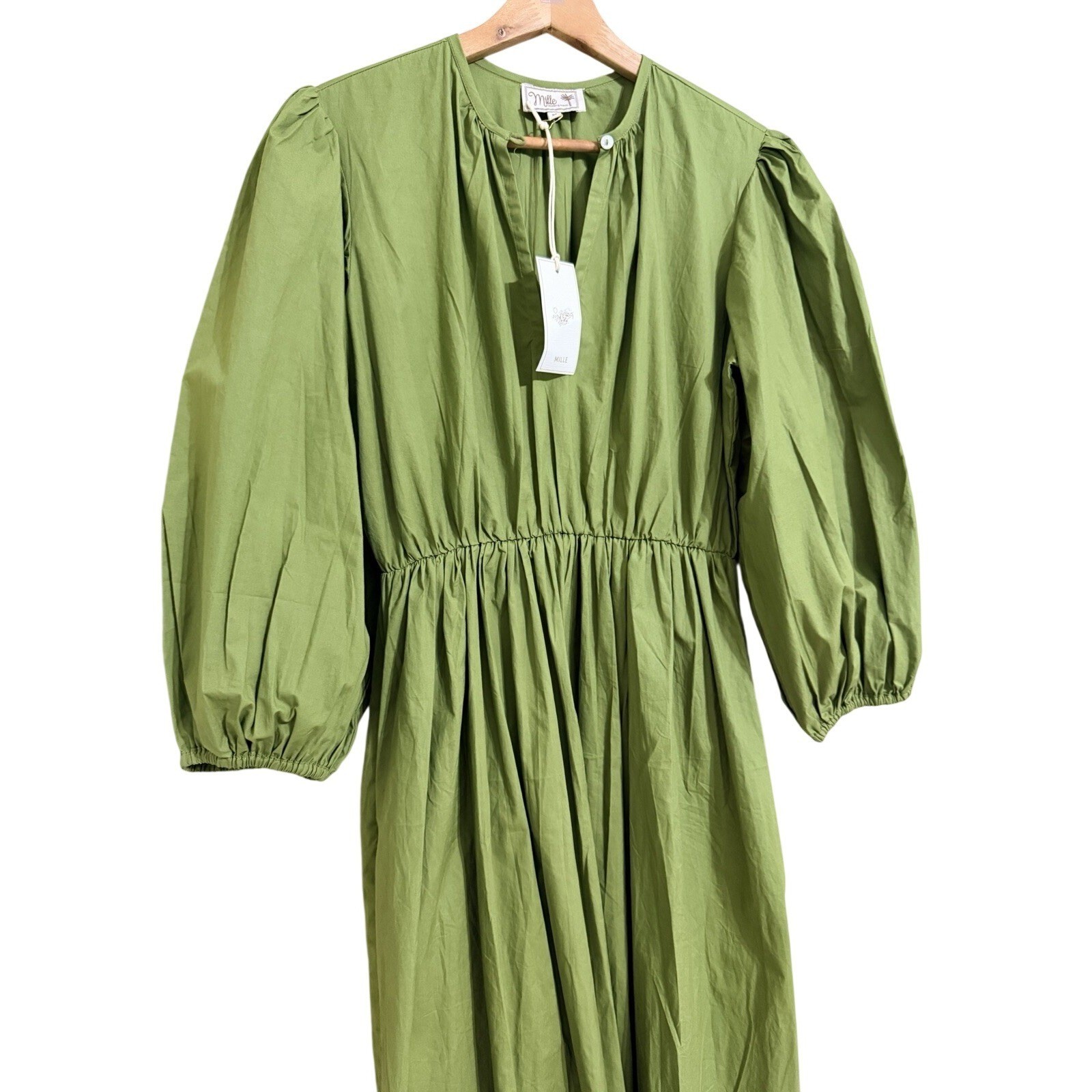 Mille Resort & Travel Saffron Midi Dress M Women Green Olive Puff Sleeve Cotton